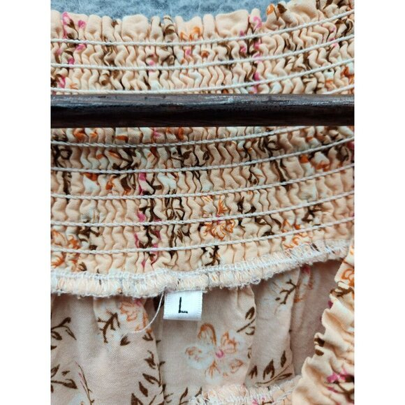 Floral Peach Off-Shoulder Smocked Top With Bell Sleeves Womens Size M 100% Rayon - Picture 2 of 5